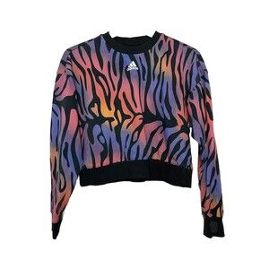 Adidas Women's Small Black/Purple/Pink Tiger Print Crop Sweatshirt Crew Neck